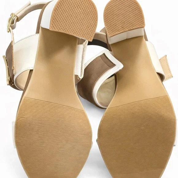 Beacon Cream & Tan Block Heel Sandal with Gold Buckle Accent - Picture 6 of 6